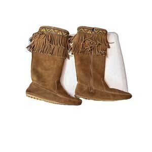 Minnetonka Mocassin Suede Leather Knee High Zip Up Double Fringe Boots Sz10